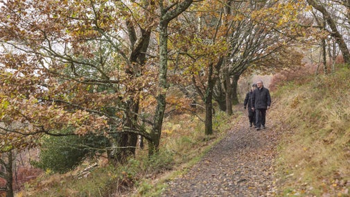 Two visitors walk along Fisherman's walk on the Castle Drogo estate, Devon
